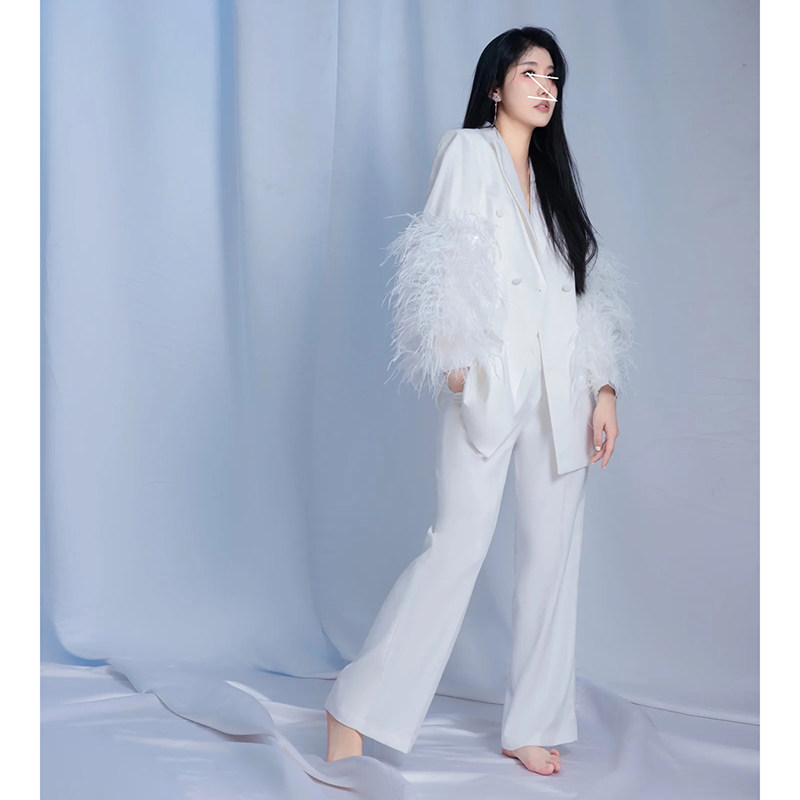 In-Stock Trendy Brand Design Double-Breasted Puffy Feather Sleeve Mid-Length Blazer Slimming Suit with Wide-Leg Pants Set