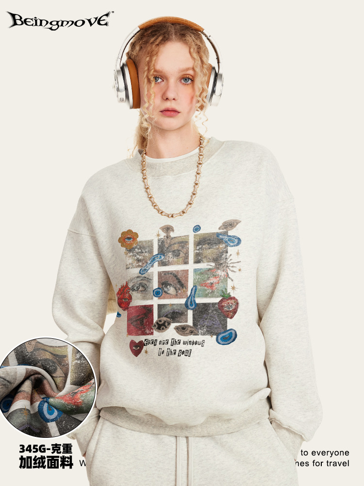 2025 otoño americano retro chic caída camisa de manga suelta con camisa espesa impresión de pulverización directa de cuello redondo para hombre