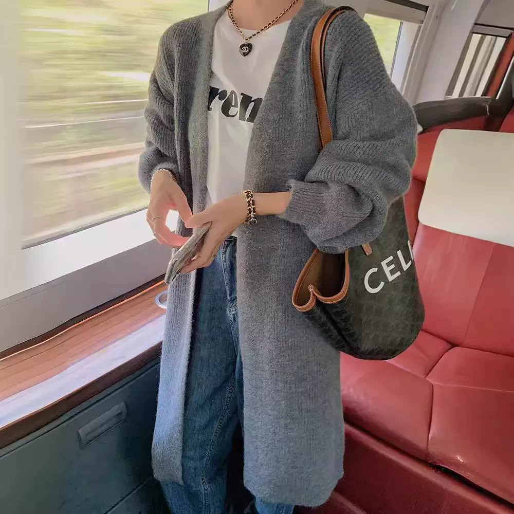 秋冬韩版中长款针织开衫女休闲慵懒风纯色毛衣外套厚款灯笼袖大码