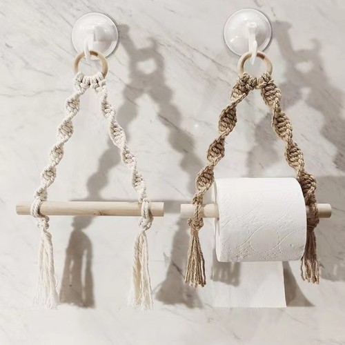 Nordic Style Wall-mounted Wooden Rod Cotton Rope Paper Towel Holder and Towel Rack Shelf for Bedroom Living Room Hand-woven Homestay Decor Tapestry