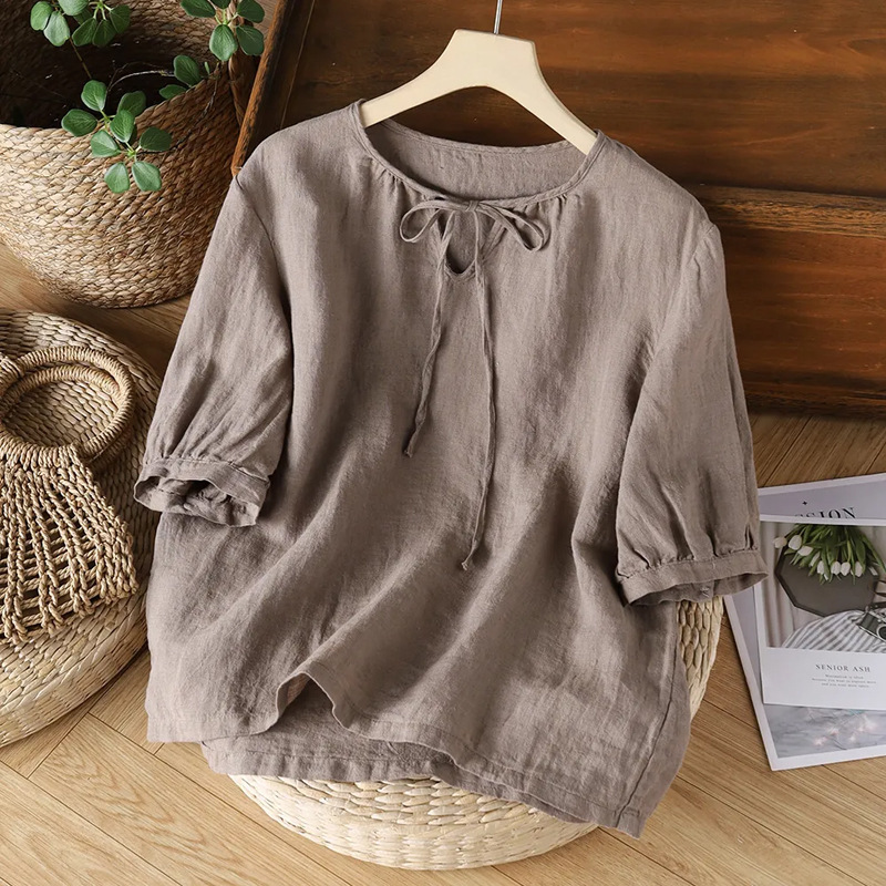 Summer V-Neck Strapped Design Simple Cotton-Linen Short-Sleeve Loose Pleated Short-Sleeve Casual Artistic Retro Women's Top