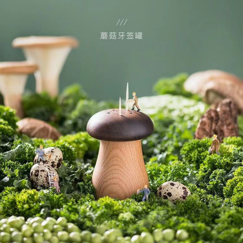 创意实用实木牙签筒家用牙签盒黑胡桃榉木双拼木质可爱蘑菇牙签罐|undefined