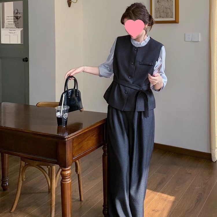 超火收腰马甲阔腿裤套装女春秋三件套韩系超火减龄穿搭设计感|undefined