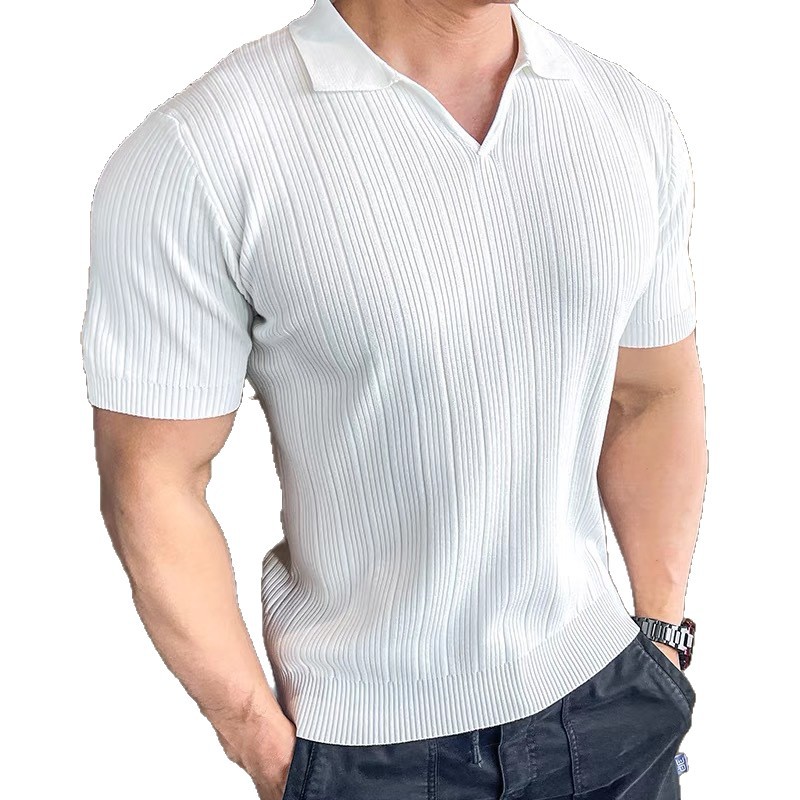 Camicia da uomo in maglia con scollo a V, stile casual, tinta unita, righe verticali, estiva, trendy, casual, girocollo, business, strato base_voghion.com