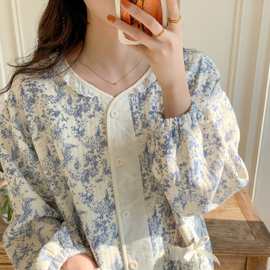 太空夹棉韩版秋冬新款睡衣女套装加厚水墨画圆领保暖开衫家居服