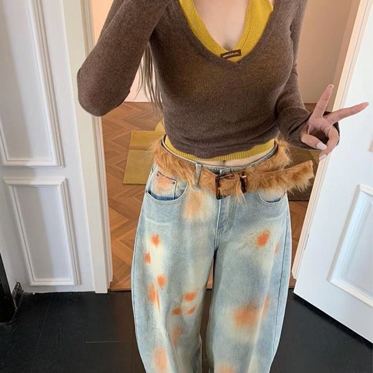 美式大码设计感水洗做旧脏染牛仔裤子女辣妹复古宽松破洞弯刀长裤|undefined