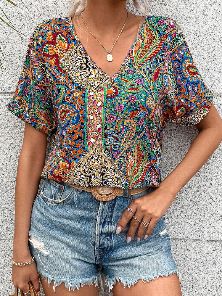 Women Paisley V-Neck Top Short Sleeve Summer