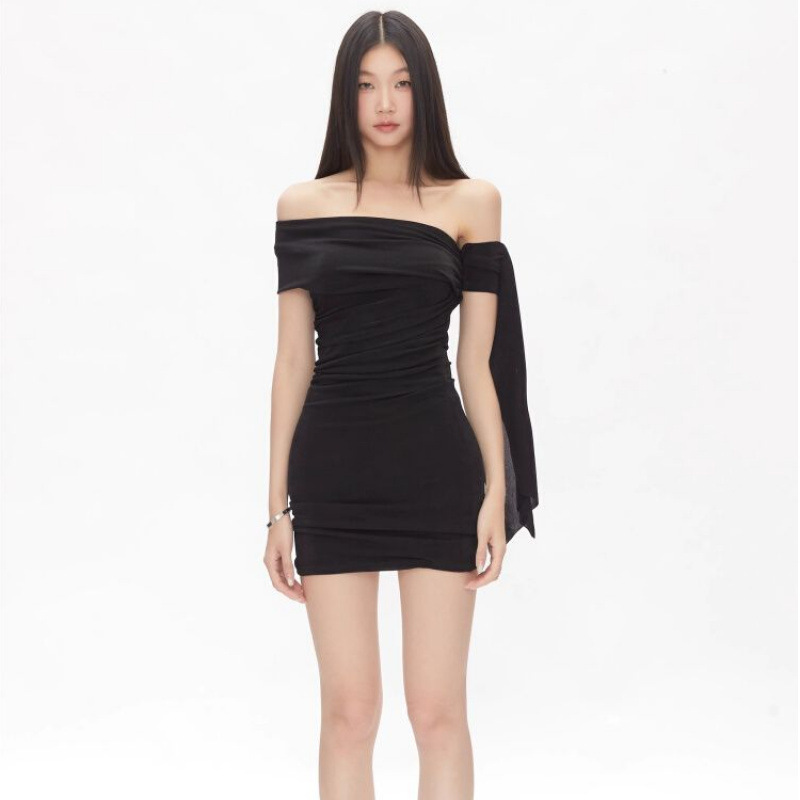 One-Shoulder Slanted Shoulder Sexy Pure Desire Dress Summer Women's High-End Black Design Sleeveless Hip-Hugging Skirt Short Skirt