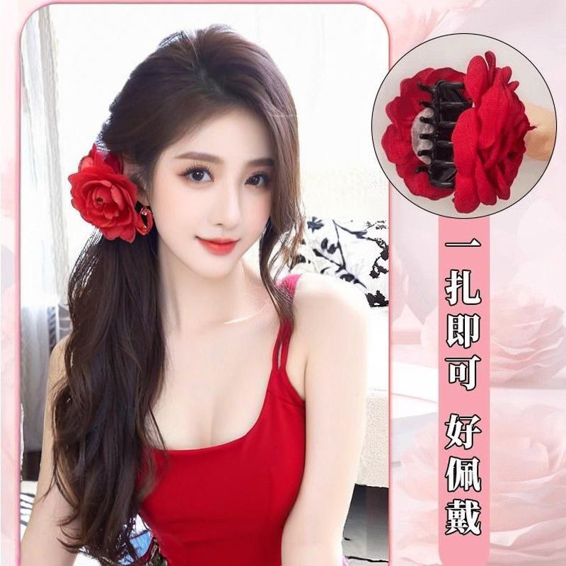 Peluca de cola de caballo, clip de agarre de rosa femenina, rizo de olas, cola de caballo, placa lateral, peluca, trenza, cabello de simulación natural, cola de caballo