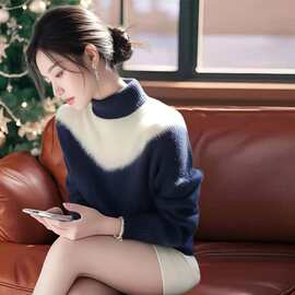 蓝白拼色仿貂绒毛衣女冬季新款高级感费尔岛半高领上衣针织衫