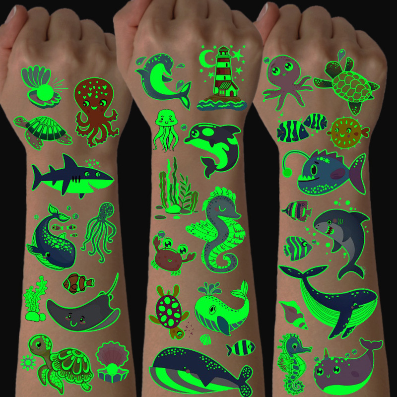 Luminous marine animal tattoo stickers waterproof environmental protection safety children cute cartoon stickers cross-border in stock wholesale