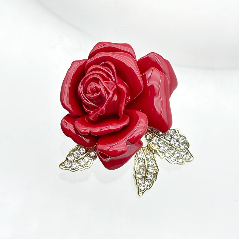Elegante rode rozenbroche voor dames, vintage emaille speldje_voghion.com