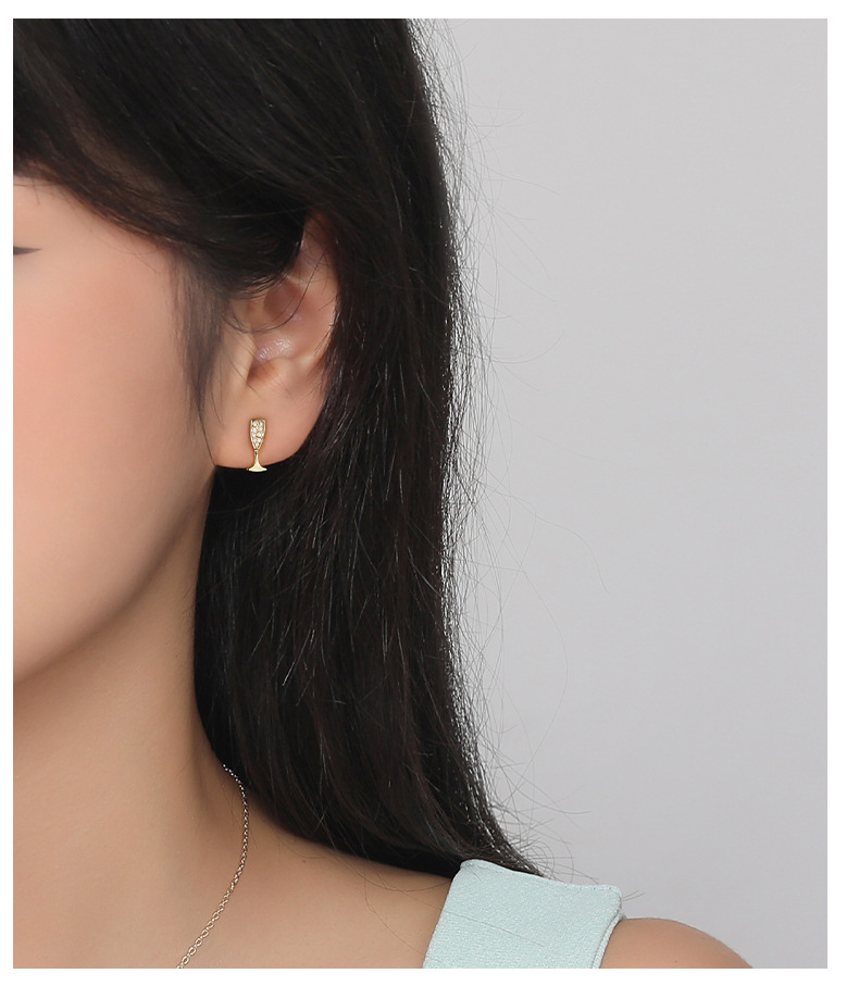 Polished Finish Inlay Design 1 Pair 925 Sterling Silver Zircon Coconut Tree Wine Glass High Heel Ear Studs