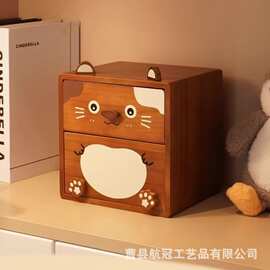 实木桌面收纳盒木质卡通木盒双层饰品整理盒抽屉式化妆品储物盒