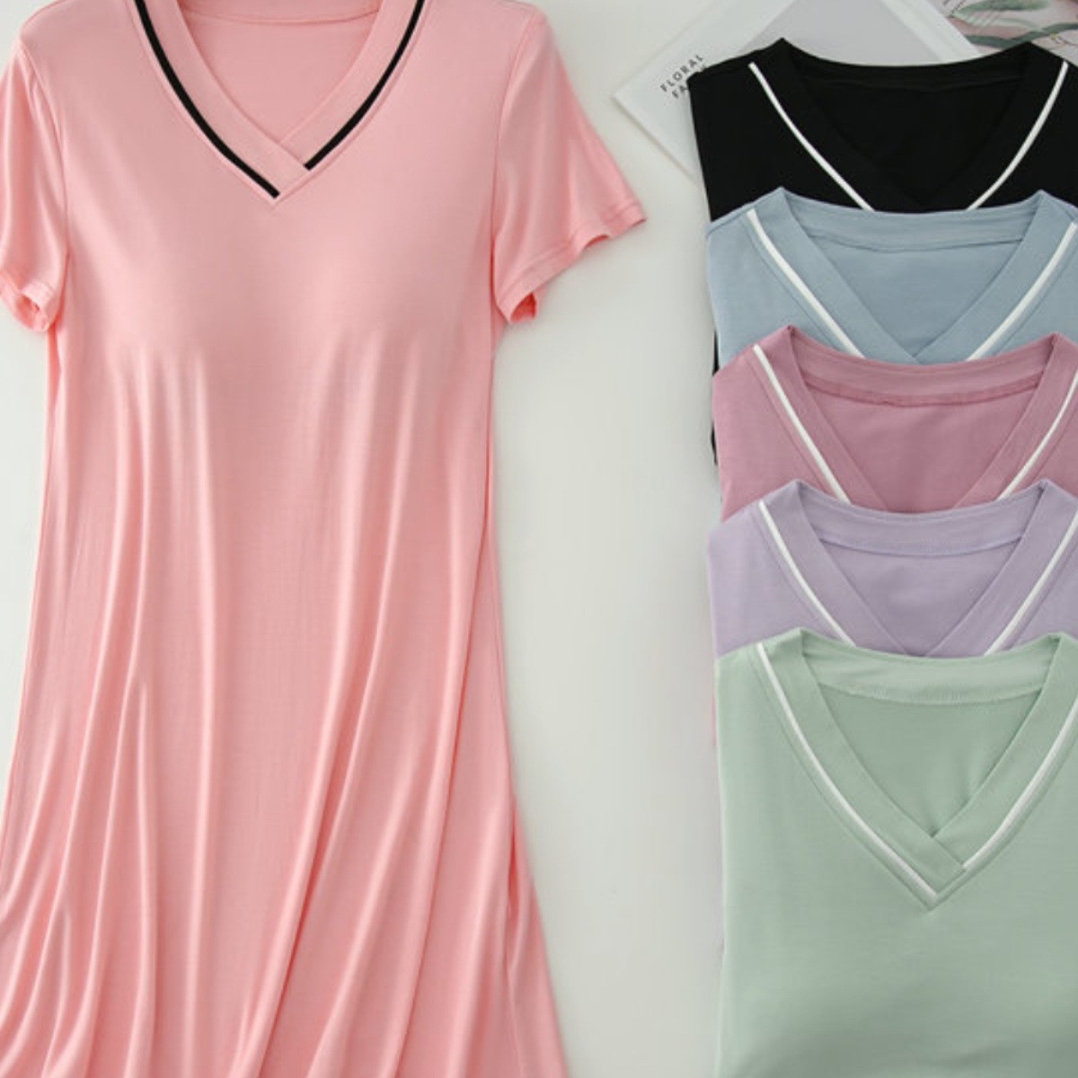 Modal Nightgown with Breast Pads for Women Summer Thin Pajamas Free Bra Bra Loose Large Size Short-Sleeved V Neck Home Clothes