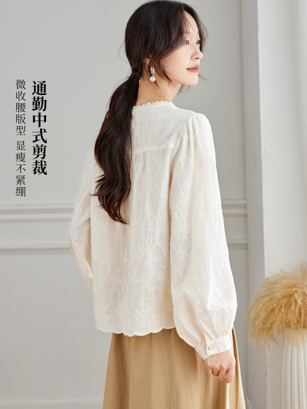 棉茧 蕾丝花边圆领衬衫女长袖2025秋装纯棉刺绣上衣杏色绣花衬衣|undefined