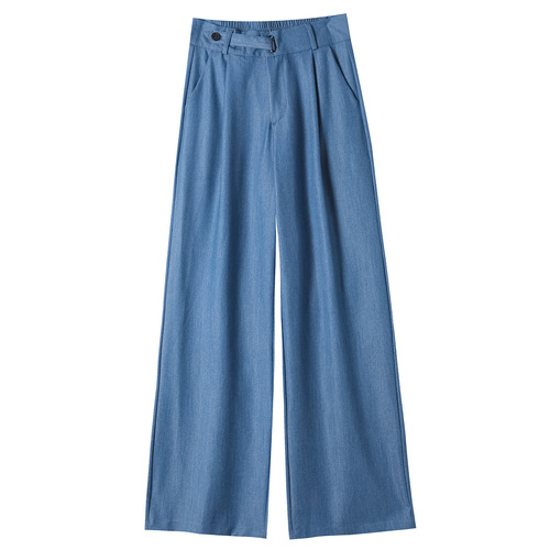 Blue Tencel Denim Wide Leg Pants for Women - Summer Thin Version High Waist Flowy Slimming Casual Little Women Ice Silk Wide Leg Pants