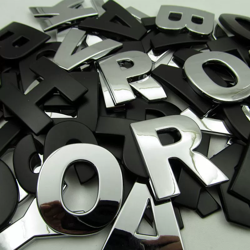 Metal three dimensional digital sticker, English letters, handmade, set, in 3d format