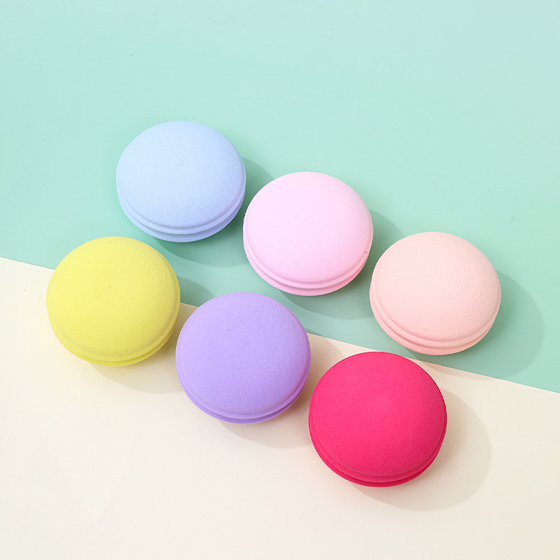 Polvo de macarrón transfronterizo, esponja de maquillaje redonda personalizada, esponja de maquillaje, huevo de maquillaje super suave, no comer polvo, seco y húmedo, doble uso