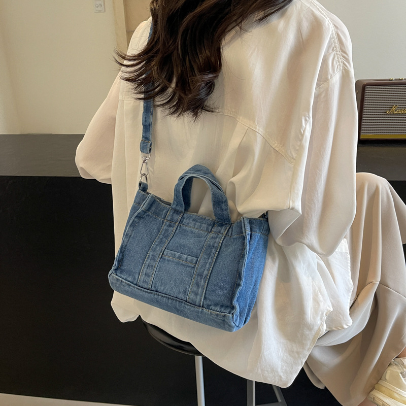 Retro Cross-Body Denim Canvas Bag for College Students, Large-Capacity Shopping Bag, Satchel Shoulder Bag, Fashionable Small Square Bag