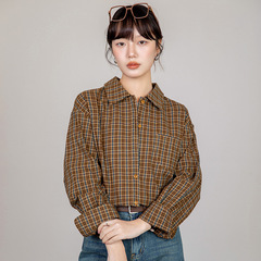 美式格子衬衫女装2025秋季新款薄款宽松Polo领通勒长袖上衣外套