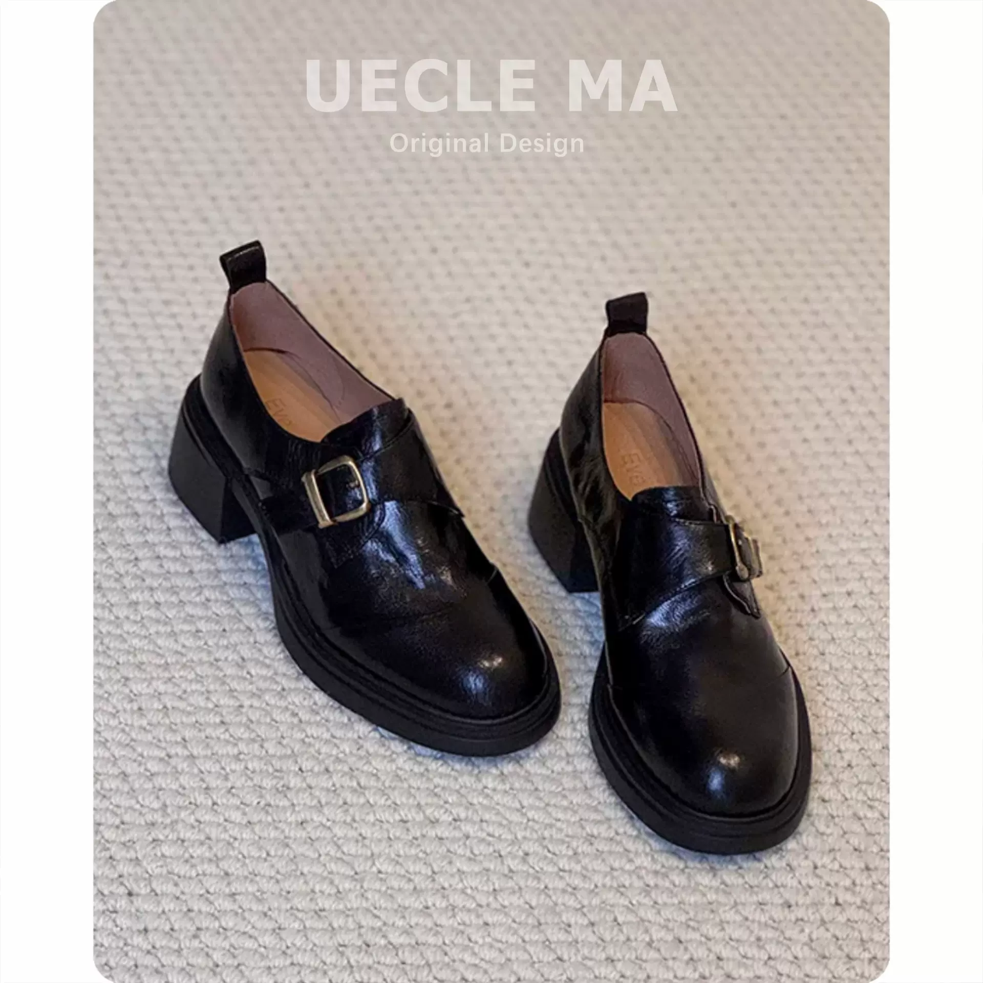 真皮~通勤厚底乐福鞋女粗跟一脚蹬高跟鞋复古圆头英伦风小皮鞋女