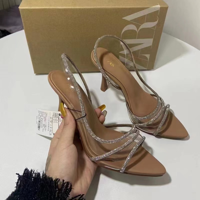 ZA2023新款夏季高跟细跟尖头PVC水钻亮饰浅口露趾露跟气质女凉鞋