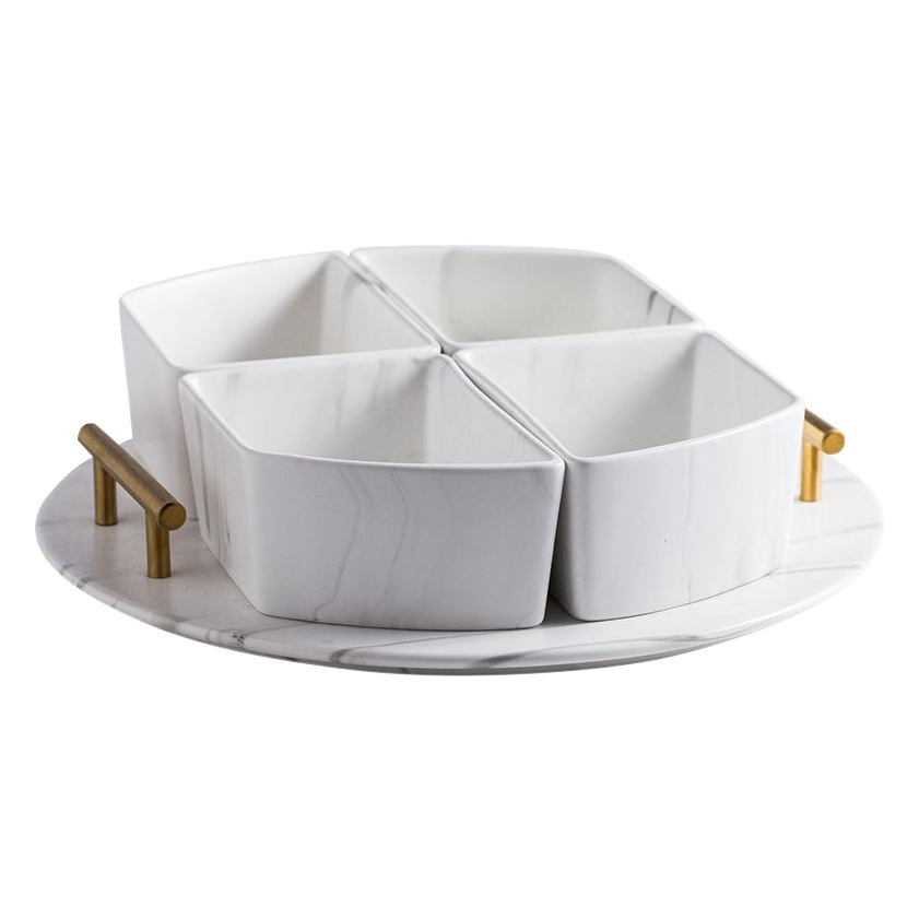 Caja de dulces de mármol de lujo ligero creativo Té de la tarde Cerámica Redonda Gran hotel Snacks Plato de frutos secos