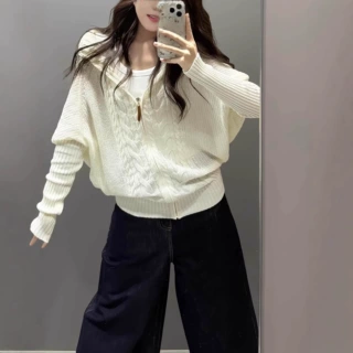 女蝙蝠袖连帽针织开衫2026早春款拉链设计感小众百搭毛衣外套批发
