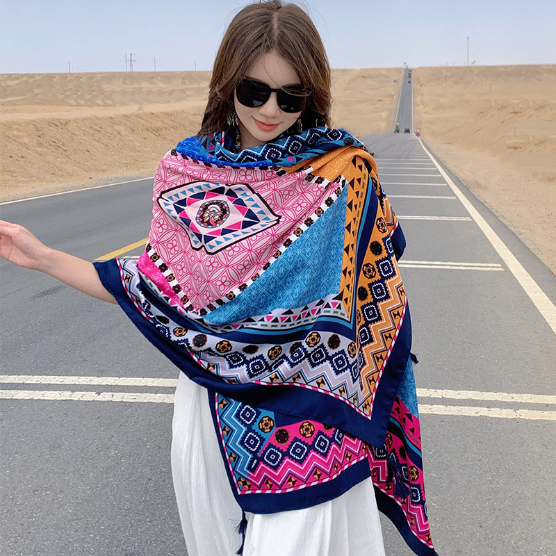 New Silk Scarf Women's Beach Towel Cotton and Linen Sun Protection Shawl Bohemian Ethnic Style Seaside Travel Photo Scarf Thin