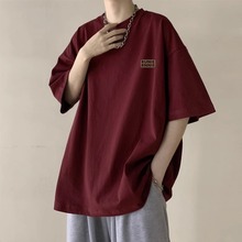 纯棉酒红色t恤男短袖夏季2024新款潮牌美式oversize上衣宽松半袖