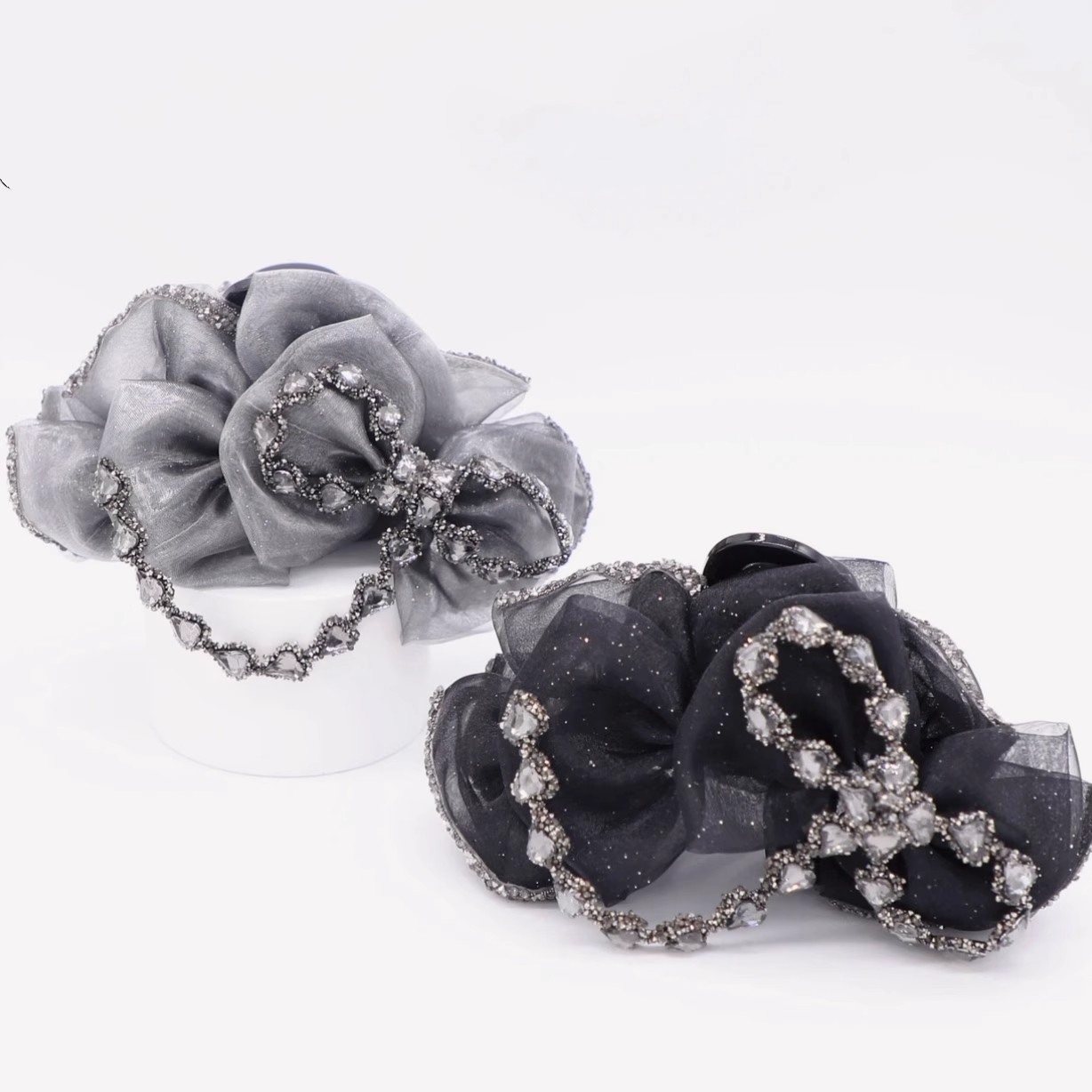 new 2025 [yunmiao] organza gray bow high-grade ab surface temperament 13cm grip barrettes