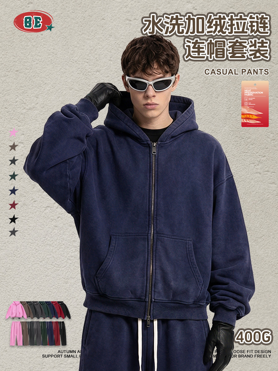 Be ropa masculina | lavado retro Americano de invierno con suéter suéter de capucha de terciopelo, chaqueta de machete y pantalones largos de dos piezas para hombres image 2