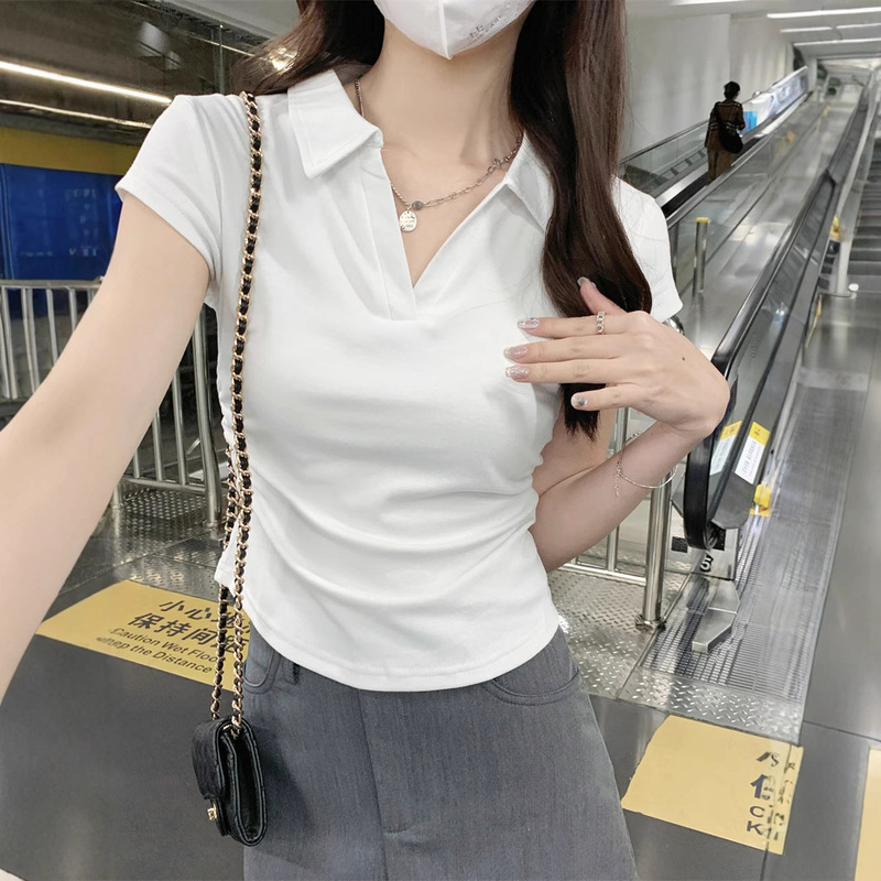Summer Polo Collar Slim Fit Regular Shoulder Short Sleeve Ruched Irregular Top for Women in a Trendy Style