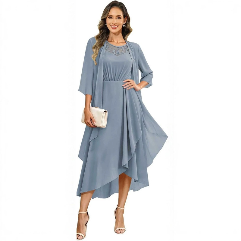 Women's Chiffon Shawl Suit Dress with Beaded Round Neck, Mid-Length Skirt, Elegant Evening Wear for Weddings, Mother's Day, and Casual Occasions Women's Chiffon Shawl Suit Dress with Beaded Round Neck, Mid-Length Skirt, Elegant Evening Wear for Weddings, Mother's Day, and Casual Occasions
