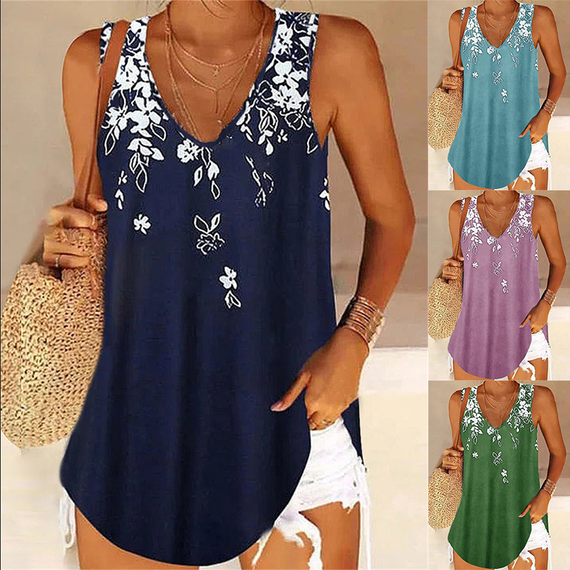 2024 Cross-border European and American Women's Clothing Amazon Loose V-neck Gradient Sleeveless Printed Top Vest 2024 Cross-border European and American Women's Clothing Amazon Loose V-neck Gradient Sleeveless Printed Top Vest