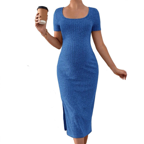 Maternity dress 2025 European and American French-style square neck side slit maternity dress, elegant knitting short-sleeve maternity one-piece dress