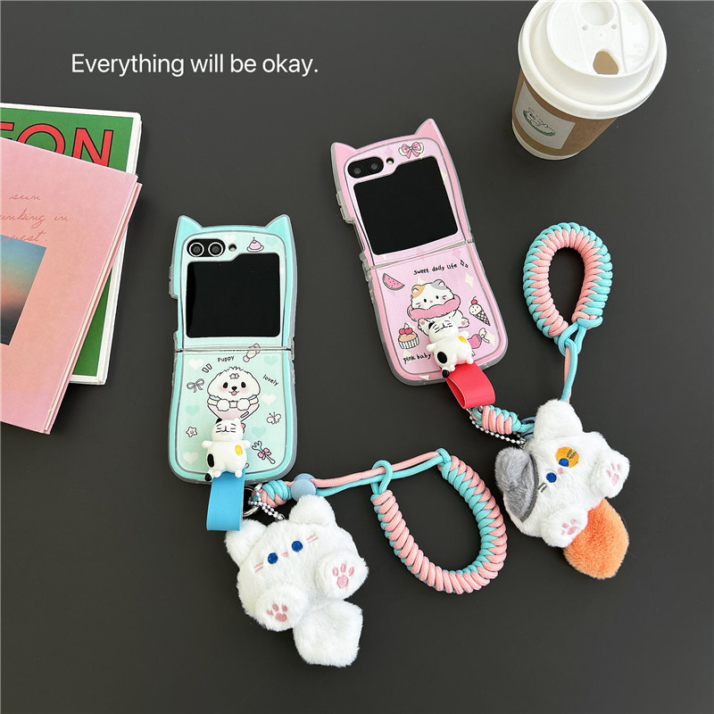 Cartoon Cat Puppy for Galaxy Z Flip6/4 Hanging Chain 5 Samsung Phone Case Soft Folding 3 Protective Case Cartoon Cat Puppy for Galaxy Z Flip6/4 Hanging Chain 5 Samsung Phone Case Soft Folding 3 Protective Case