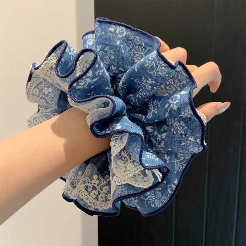韩系复古蓝色碎花大肠发圈女高级感2025新款超大号扎头发头绳发饰|undefined