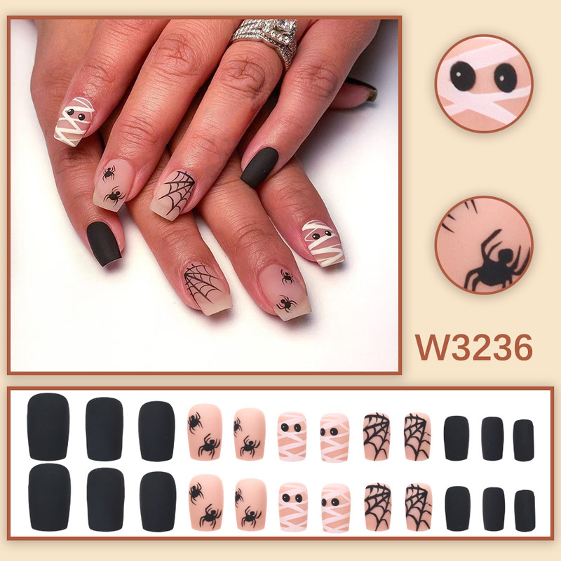 Halloween Mummy Spider Wearable Nails Short Square Nude Spider Web Cool Festive Hand-Painted Manicure Available for Wholesale Halloween Mummy Spider Wearable Nails Short Square Nude Spider Web Cool Festive Hand-Painted Manicure Available for Wholesale