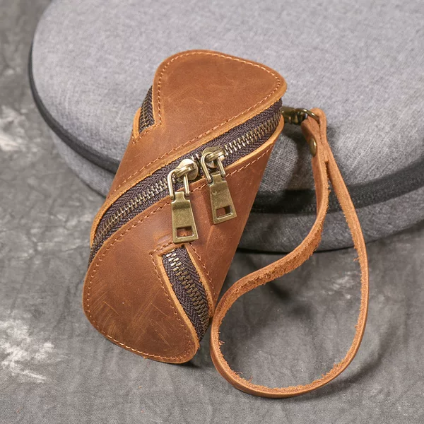 Popular Foreign Trade Retro Drawstring Genuine Leather Key Pouch, Crazy Horse Leather Clutch Coin Purse, Multifunctional Cowhide Zipper Small Bag