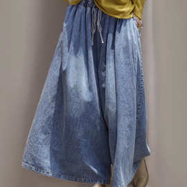 系带牛仔阔腿裤 春秋季新款 文艺宽松休闲水洗显瘦长裤裙裤女潮