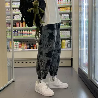 排扣迷彩裤男韩版潮流薄款束脚ins耐脏九分裤哈伦百搭休闲裤帅气
