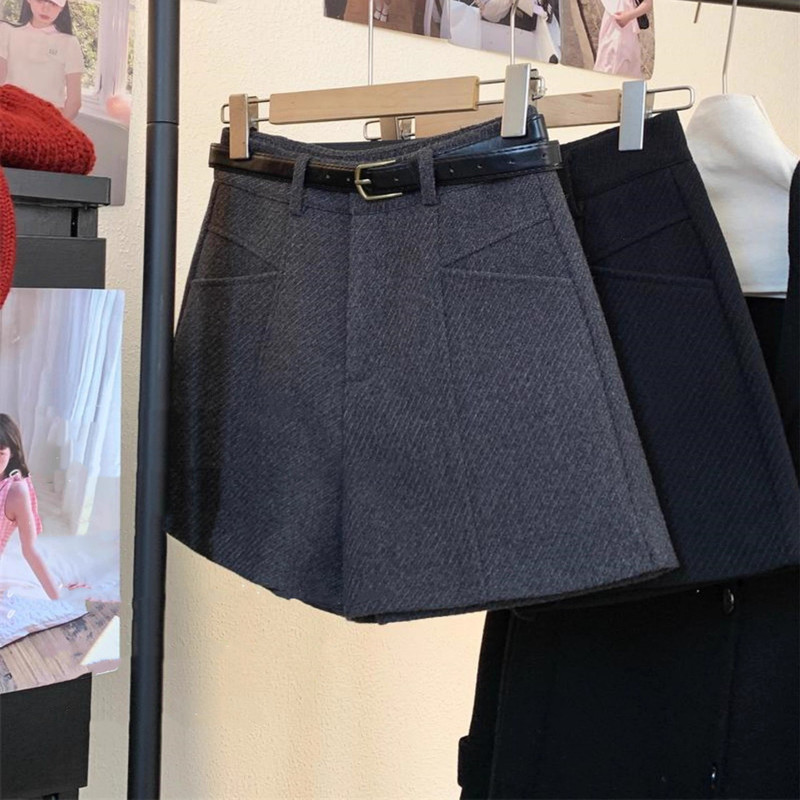 Plus-Size Korean-Style High-Waisted A-Line Woolen Shorts for Women, Spring and Autumn Loose Casual Straight-Leg Knee-Length Wide-Leg Boot Shorts