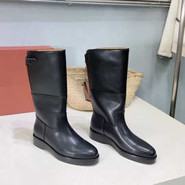 拼接宽筒皮带扣骑士靴女2025秋冬新款时尚厚底长筒靴不过膝靴女