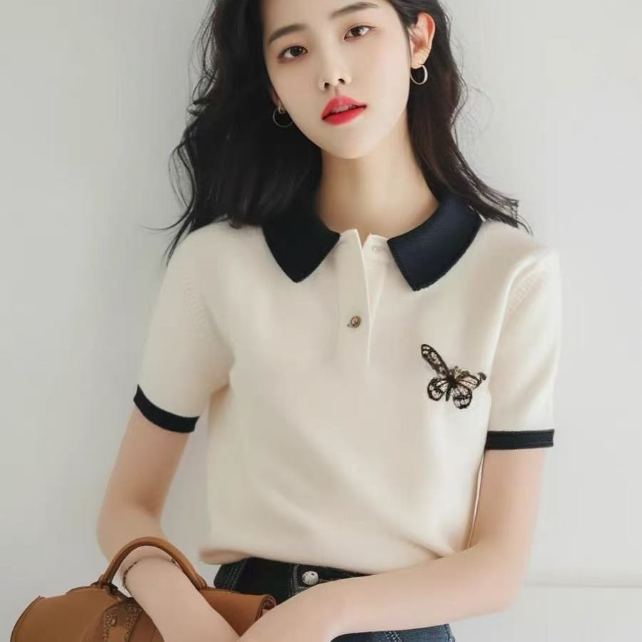 Áo thun nữ cổ polo tay ngắn trắng đơn giản họa tiết bướm — Màu trắng chi tiết 8