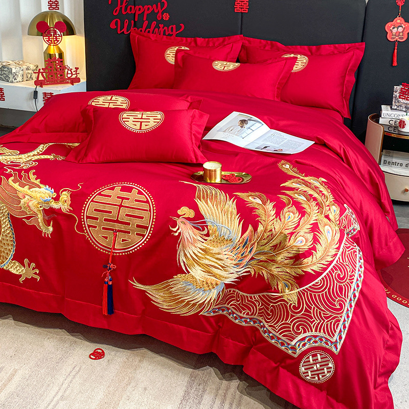 High-end dragon and phoenix wedding four-piece set, bright red embroidered quilt cover, wedding bedding, dowry wedding room
