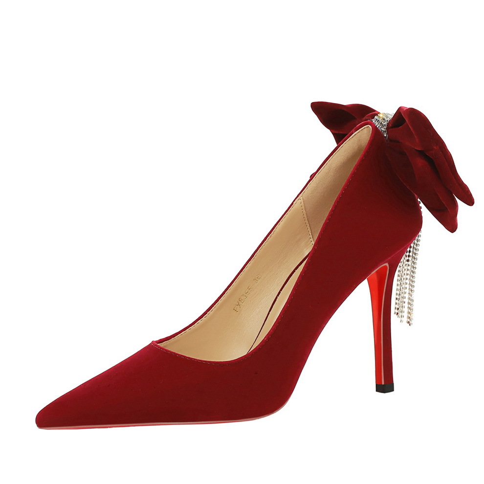 8355-H66 European American Style Fashionable Ultra-high Women's Shoes With Large Bow At The Back, Rhinestone Chain,_vogvips.com