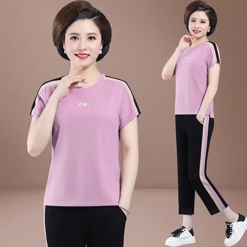 2025 New Summer Short-Sleeved T-Shirt Middle-Aged Mother Sportswear Suit Two-Piece Large Size Middle-Aged and Elderly Women's Clothing Export