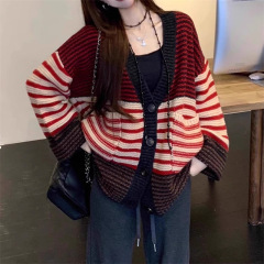 2025新款复古大版型红色条纹开衫毛衣女慵懒风宽松针织衫长袖外套